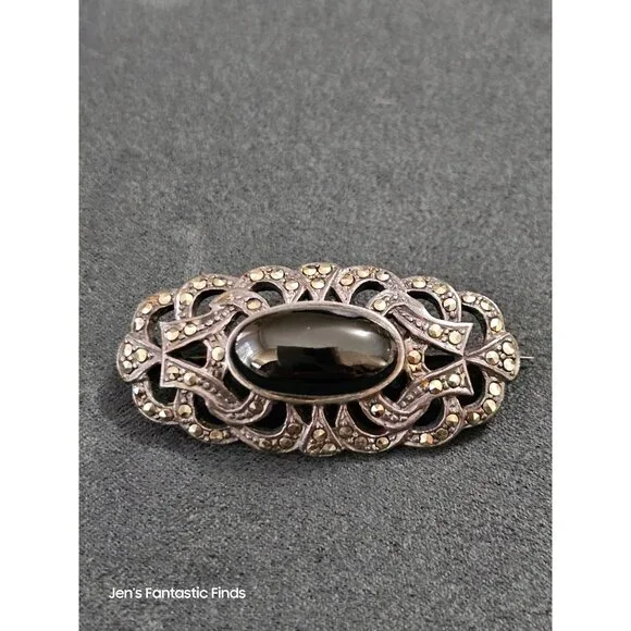 Antique Sterling Silver & Marcasite Brooch‎ With Black Onyx Stone